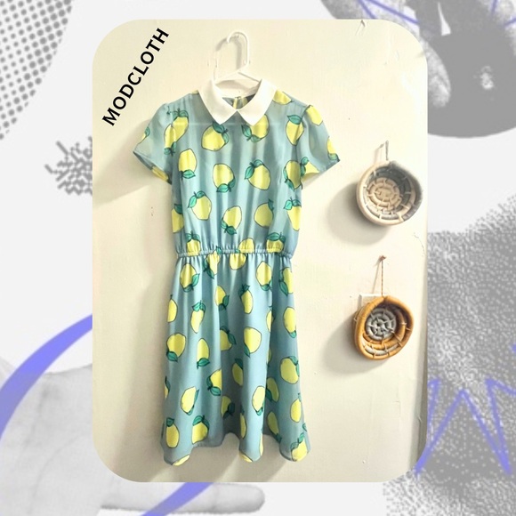 Modcloth Dresses & Skirts - Modcloth blue & yellow lemon print swing dress with peter pan collar
